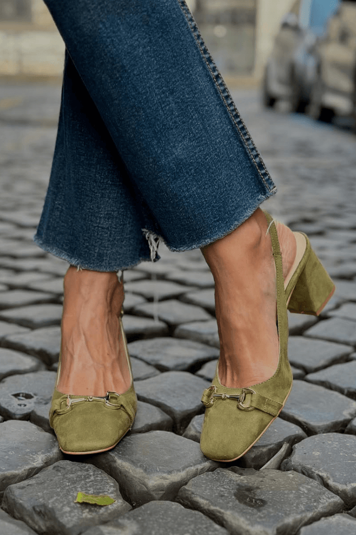 Xia - Olive Suede Slingback Block Heels