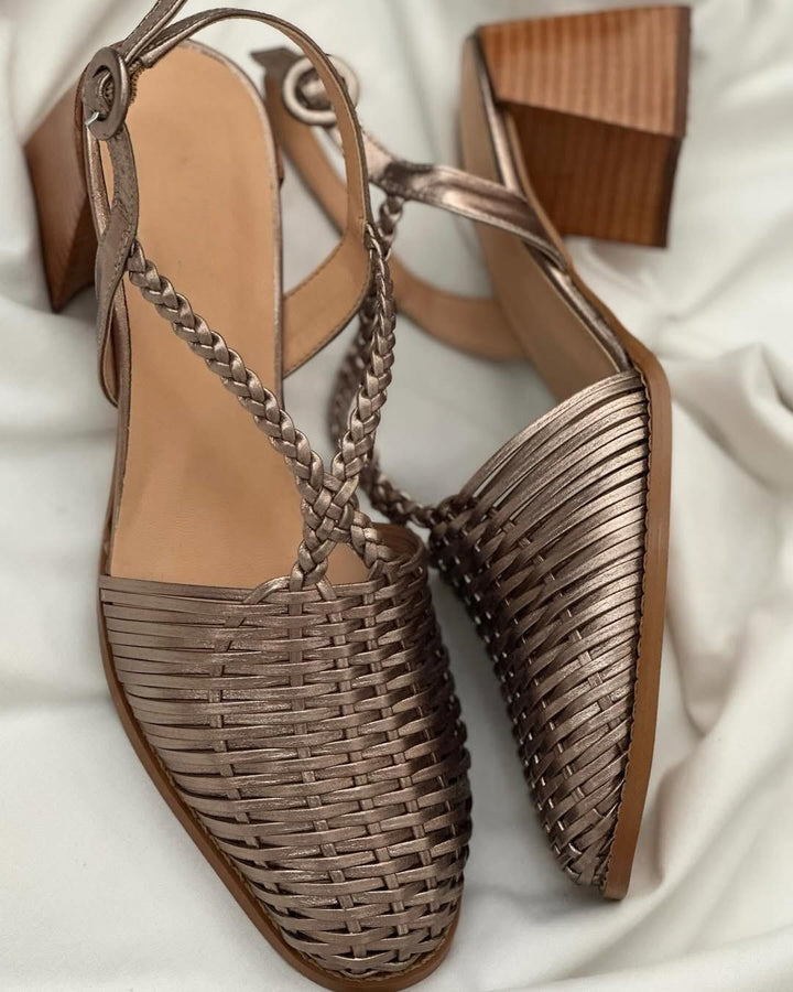 Kaye - Champagne Metallic Woven Block Heels